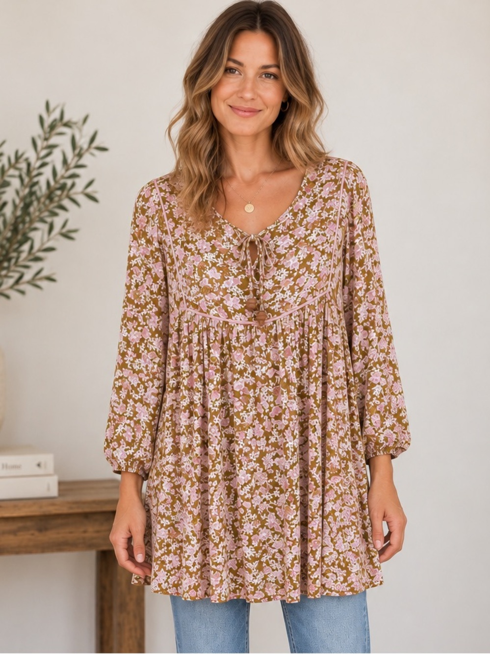 Natural Life Aimee Floral Tunic Mini Dress Small Brown Pink Boho